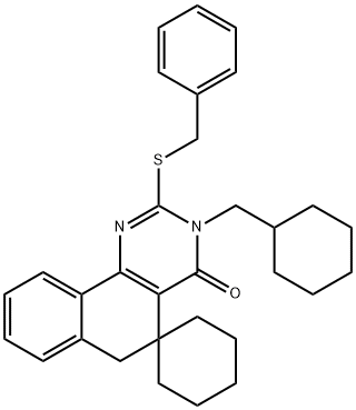 2-(benzylsulfanyl)-3-(cyclohexylmethyl)-5,6-dihydrospiro(benzo[h]quinazoline-5,1'-cyclohexane)-4(3H)-one 구조식 이미지