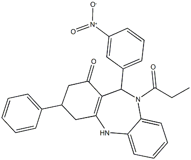 11-{3-nitrophenyl}-3-phenyl-10-propionyl-2,3,4,5,10,11-hexahydro-1H-dibenzo[b,e][1,4]diazepin-1-one 구조식 이미지