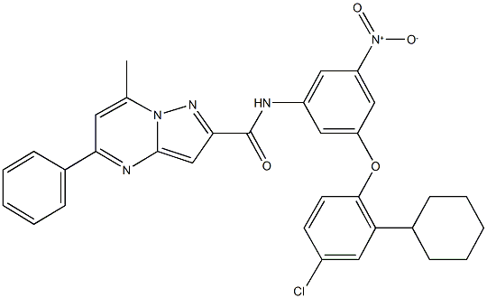 N-{3-(4-chloro-2-cyclohexylphenoxy)-5-nitrophenyl}-7-methyl-5-phenylpyrazolo[1,5-a]pyrimidine-2-carboxamide 구조식 이미지