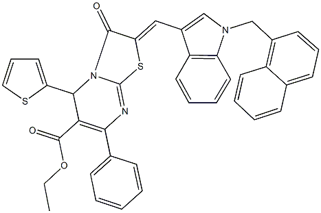ethyl 2-{[1-(1-naphthylmethyl)-1H-indol-3-yl]methylene}-3-oxo-7-phenyl-5-(2-thienyl)-2,3-dihydro-5H-[1,3]thiazolo[3,2-a]pyrimidine-6-carboxylate 구조식 이미지