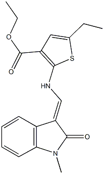 ethyl 5-ethyl-2-{[(1-methyl-2-oxo-1,2-dihydro-3H-indol-3-ylidene)methyl]amino}-3-thiophenecarboxylate 구조식 이미지