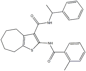 2-[(2-methylbenzoyl)amino]-N-(1-phenylethyl)-5,6,7,8-tetrahydro-4H-cyclohepta[b]thiophene-3-carboxamide 구조식 이미지