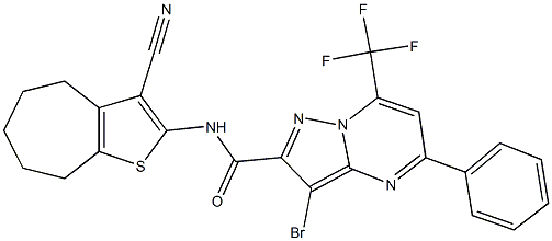 3-bromo-N-(3-cyano-5,6,7,8-tetrahydro-4H-cyclohepta[b]thien-2-yl)-5-phenyl-7-(trifluoromethyl)pyrazolo[1,5-a]pyrimidine-2-carboxamide Structure