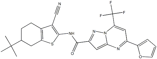 N-(6-tert-butyl-3-cyano-4,5,6,7-tetrahydro-1-benzothien-2-yl)-5-(2-furyl)-7-(trifluoromethyl)pyrazolo[1,5-a]pyrimidine-2-carboxamide 구조식 이미지