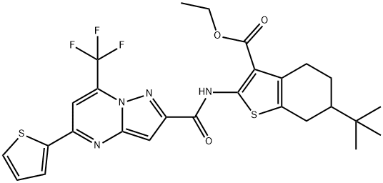 ethyl 6-tert-butyl-2-({[5-(2-thienyl)-7-(trifluoromethyl)pyrazolo[1,5-a]pyrimidin-2-yl]carbonyl}amino)-4,5,6,7-tetrahydro-1-benzothiophene-3-carboxylate 구조식 이미지