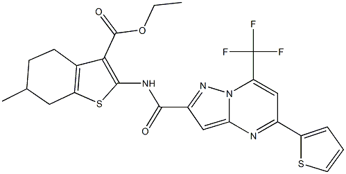 ethyl 6-methyl-2-({[5-(2-thienyl)-7-(trifluoromethyl)pyrazolo[1,5-a]pyrimidin-2-yl]carbonyl}amino)-4,5,6,7-tetrahydro-1-benzothiophene-3-carboxylate 구조식 이미지