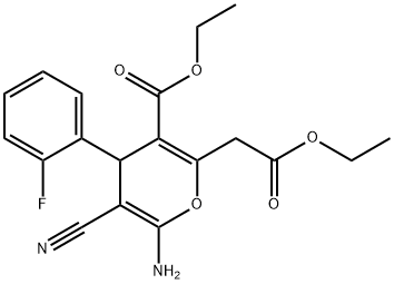 ethyl 6-amino-5-cyano-2-(2-ethoxy-2-oxoethyl)-4-(2-fluorophenyl)-4H-pyran-3-carboxylate 구조식 이미지