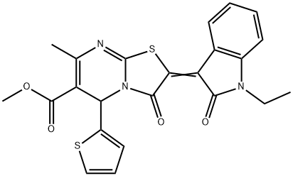 methyl 2-(1-ethyl-2-oxo-1,2-dihydro-3H-indol-3-ylidene)-7-methyl-3-oxo-5-(2-thienyl)-2,3-dihydro-5H-[1,3]thiazolo[3,2-a]pyrimidine-6-carboxylate 구조식 이미지