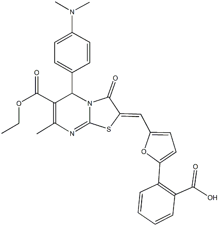 2-{5-[(5-[4-(dimethylamino)phenyl]-6-(ethoxycarbonyl)-7-methyl-3-oxo-5H-[1,3]thiazolo[3,2-a]pyrimidin-2(3H)-ylidene)methyl]-2-furyl}benzoic acid 구조식 이미지
