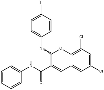 6,8-dichloro-2-[(4-fluorophenyl)imino]-N-phenyl-2H-chromene-3-carboxamide 구조식 이미지