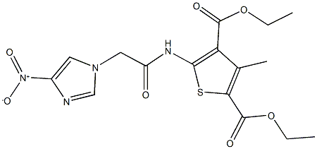 diethyl 5-[({4-nitro-1H-imidazol-1-yl}acetyl)amino]-3-methyl-2,4-thiophenedicarboxylate 구조식 이미지