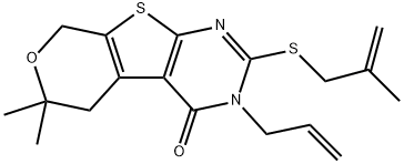 3-allyl-6,6-dimethyl-2-[(2-methyl-2-propenyl)sulfanyl]-3,5,6,8-tetrahydro-4H-pyrano[4',3':4,5]thieno[2,3-d]pyrimidin-4-one 구조식 이미지
