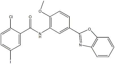 N-[5-(1,3-benzoxazol-2-yl)-2-methoxyphenyl]-2-chloro-5-iodobenzamide 구조식 이미지