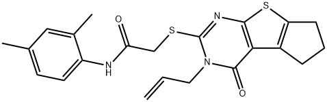 2-[(3-allyl-4-oxo-3,5,6,7-tetrahydro-4H-cyclopenta[4,5]thieno[2,3-d]pyrimidin-2-yl)sulfanyl]-N-(2,4-dimethylphenyl)acetamide 구조식 이미지