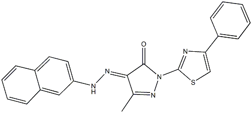 3-methyl-1-(4-phenyl-1,3-thiazol-2-yl)-1H-pyrazole-4,5-dione 4-(2-naphthylhydrazone) 구조식 이미지