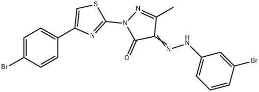 1-[4-(4-bromophenyl)-1,3-thiazol-2-yl]-3-methyl-1H-pyrazole-4,5-dione 4-[(3-bromophenyl)hydrazone] 구조식 이미지