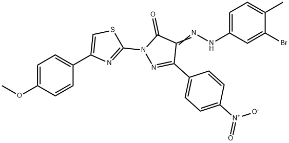 3-{4-nitrophenyl}-1-[4-(4-methoxyphenyl)-1,3-thiazol-2-yl]-1H-pyrazole-4,5-dione 4-[(3-bromo-4-methylphenyl)hydrazone] 구조식 이미지