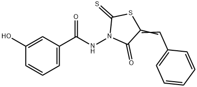 N-(5-benzylidene-4-oxo-2-thioxo-1,3-thiazolidin-3-yl)-3-hydroxybenzamide 구조식 이미지