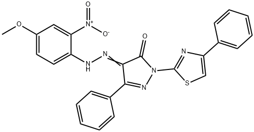 3-phenyl-1-(4-phenyl-1,3-thiazol-2-yl)-1H-pyrazole-4,5-dione 4-({2-nitro-4-methoxyphenyl}hydrazone) 구조식 이미지