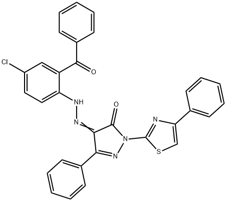 3-phenyl-1-(4-phenyl-1,3-thiazol-2-yl)-1H-pyrazole-4,5-dione 4-[(2-benzoyl-4-chlorophenyl)hydrazone] Structure