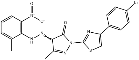 1-[4-(4-bromophenyl)-1,3-thiazol-2-yl]-3-methyl-1H-pyrazole-4,5-dione 4-({2-nitro-6-methylphenyl}hydrazone) Structure