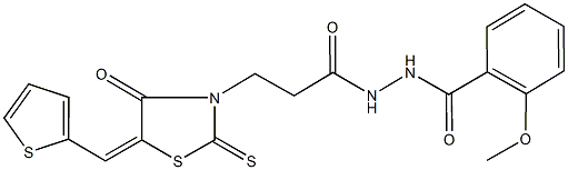 2-methoxy-N'-{3-[4-oxo-5-(2-thienylmethylene)-2-thioxo-1,3-thiazolidin-3-yl]propanoyl}benzohydrazide 구조식 이미지