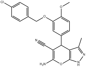 6-amino-4-{3-[(4-chlorobenzyl)oxy]-4-methoxyphenyl}-3-methyl-1,4-dihydropyrano[2,3-c]pyrazole-5-carbonitrile Structure