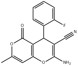 2-amino-4-(2-fluorophenyl)-7-methyl-5-oxo-4H,5H-pyrano[4,3-b]pyran-3-carbonitrile Structure