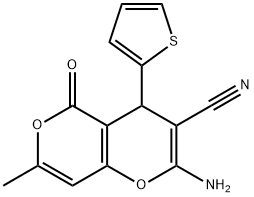 2-amino-7-methyl-5-oxo-4-(2-thienyl)-4H,5H-pyrano[4,3-b]pyran-3-carbonitrile 구조식 이미지