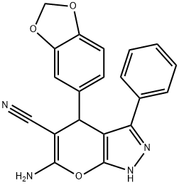 6-amino-4-(1,3-benzodioxol-5-yl)-3-phenyl-2,4-dihydropyrano[2,3-c]pyrazole-5-carbonitrile Structure