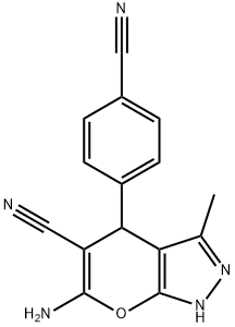 6-amino-4-(4-cyanophenyl)-3-methyl-1,4-dihydropyrano[2,3-c]pyrazole-5-carbonitrile 구조식 이미지