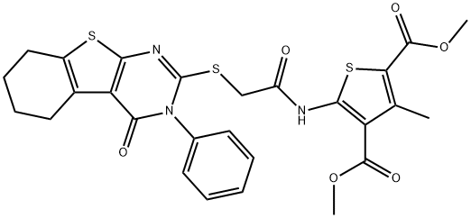 dimethyl 3-methyl-5-({[(4-oxo-3-phenyl-3,4,5,6,7,8-hexahydro[1]benzothieno[2,3-d]pyrimidin-2-yl)sulfanyl]acetyl}amino)-2,4-thiophenedicarboxylate Structure