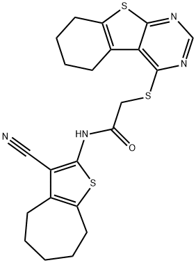 N-(3-cyano-5,6,7,8-tetrahydro-4H-cyclohepta[b]thien-2-yl)-2-(5,6,7,8-tetrahydro[1]benzothieno[2,3-d]pyrimidin-4-ylsulfanyl)acetamide 구조식 이미지