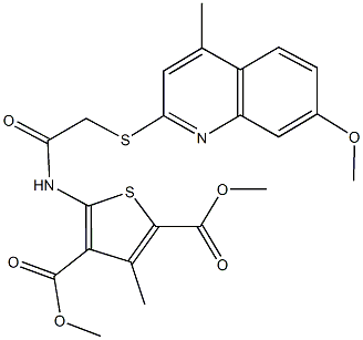 dimethyl 5-({[(7-methoxy-4-methyl-2-quinolinyl)sulfanyl]acetyl}amino)-3-methyl-2,4-thiophenedicarboxylate 구조식 이미지