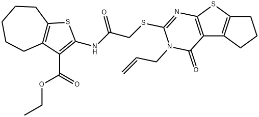 ethyl 2-({[(3-allyl-4-oxo-3,5,6,7-tetrahydro-4H-cyclopenta[4,5]thieno[2,3-d]pyrimidin-2-yl)sulfanyl]acetyl}amino)-5,6,7,8-tetrahydro-4H-cyclohepta[b]thiophene-3-carboxylate Structure