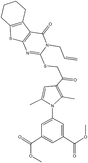 dimethyl 5-(3-{[(3-allyl-4-oxo-3,4,5,6,7,8-hexahydro[1]benzothieno[2,3-d]pyrimidin-2-yl)sulfanyl]acetyl}-2,5-dimethyl-1H-pyrrol-1-yl)isophthalate 구조식 이미지