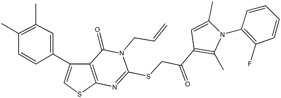 3-allyl-5-(3,4-dimethylphenyl)-2-({2-[1-(2-fluorophenyl)-2,5-dimethyl-1H-pyrrol-3-yl]-2-oxoethyl}sulfanyl)thieno[2,3-d]pyrimidin-4(3H)-one 구조식 이미지