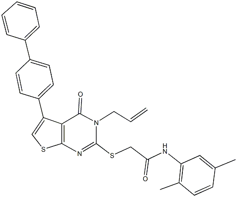 2-[(3-allyl-5-[1,1'-biphenyl]-4-yl-4-oxo-3,4-dihydrothieno[2,3-d]pyrimidin-2-yl)sulfanyl]-N-(2,5-dimethylphenyl)acetamide 구조식 이미지