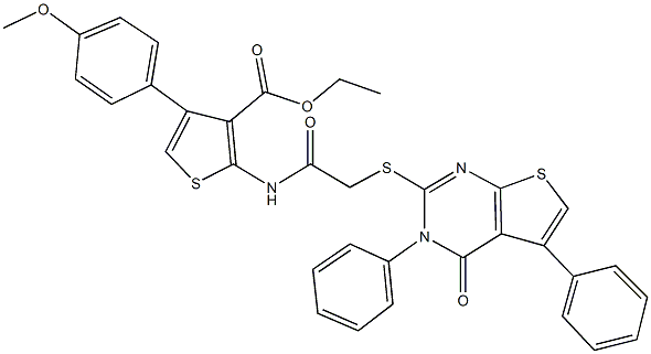 ethyl 4-(4-methoxyphenyl)-2-({[(4-oxo-3,5-diphenyl-3,4-dihydrothieno[2,3-d]pyrimidin-2-yl)sulfanyl]acetyl}amino)-3-thiophenecarboxylate 구조식 이미지