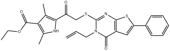 ethyl 5-{[(3-allyl-4-oxo-6-phenyl-3,4-dihydrothieno[2,3-d]pyrimidin-2-yl)sulfanyl]acetyl}-2,4-dimethyl-1H-pyrrole-3-carboxylate 구조식 이미지