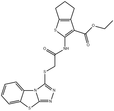 ethyl 2-{[([1,2,4]triazolo[3,4-b][1,3]benzothiazol-3-ylsulfanyl)acetyl]amino}-5,6-dihydro-4H-cyclopenta[b]thiophene-3-carboxylate 구조식 이미지