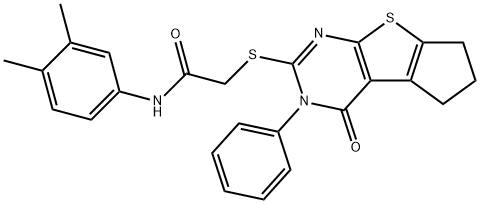 N-(3,4-dimethylphenyl)-2-[(4-oxo-3-phenyl-3,5,6,7-tetrahydro-4H-cyclopenta[4,5]thieno[2,3-d]pyrimidin-2-yl)sulfanyl]acetamide 구조식 이미지