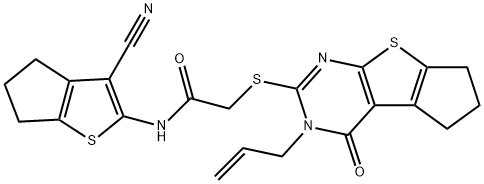 2-[(3-allyl-4-oxo-3,5,6,7-tetrahydro-4H-cyclopenta[4,5]thieno[2,3-d]pyrimidin-2-yl)sulfanyl]-N-(3-cyano-5,6-dihydro-4H-cyclopenta[b]thien-2-yl)acetamide 구조식 이미지