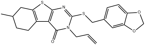 3-allyl-2-[(1,3-benzodioxol-5-ylmethyl)sulfanyl]-7-methyl-5,6,7,8-tetrahydro[1]benzothieno[2,3-d]pyrimidin-4(3H)-one 구조식 이미지