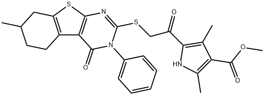 methyl 2,4-dimethyl-5-{[(7-methyl-4-oxo-3-phenyl-3,4,5,6,7,8-hexahydro[1]benzothieno[2,3-d]pyrimidin-2-yl)sulfanyl]acetyl}-1H-pyrrole-3-carboxylate 구조식 이미지