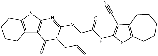 2-[(3-allyl-4-oxo-3,4,5,6,7,8-hexahydro[1]benzothieno[2,3-d]pyrimidin-2-yl)sulfanyl]-N-(3-cyano-5,6,7,8-tetrahydro-4H-cyclohepta[b]thien-2-yl)acetamide Structure