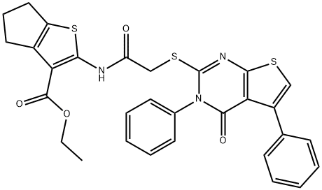 ethyl 2-({[(4-oxo-3,5-diphenyl-3,4-dihydrothieno[2,3-d]pyrimidin-2-yl)sulfanyl]acetyl}amino)-5,6-dihydro-4H-cyclopenta[b]thiophene-3-carboxylate 구조식 이미지