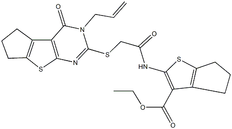 ethyl 2-({[(3-allyl-4-oxo-3,5,6,7-tetrahydro-4H-cyclopenta[4,5]thieno[2,3-d]pyrimidin-2-yl)sulfanyl]acetyl}amino)-5,6-dihydro-4H-cyclopenta[b]thiophene-3-carboxylate 구조식 이미지