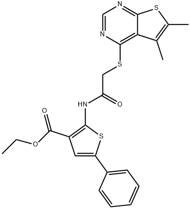 ethyl 2-({[(5,6-dimethylthieno[2,3-d]pyrimidin-4-yl)sulfanyl]acetyl}amino)-5-phenyl-3-thiophenecarboxylate 구조식 이미지