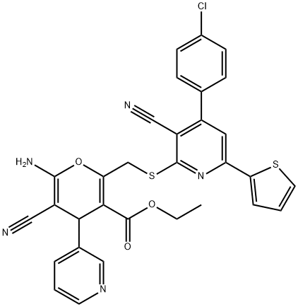 ethyl 6-amino-2-({[4-(4-chlorophenyl)-3-cyano-6-(2-thienyl)-2-pyridinyl]sulfanyl}methyl)-5-cyano-4-(3-pyridinyl)-4H-pyran-3-carboxylate Structure